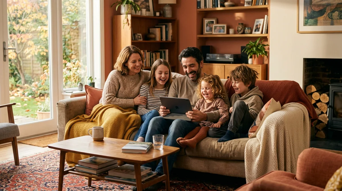 Cinq membres d'une même famille assis sur un canapé dans un salon chaleureux, réunis autour d'une tablette.